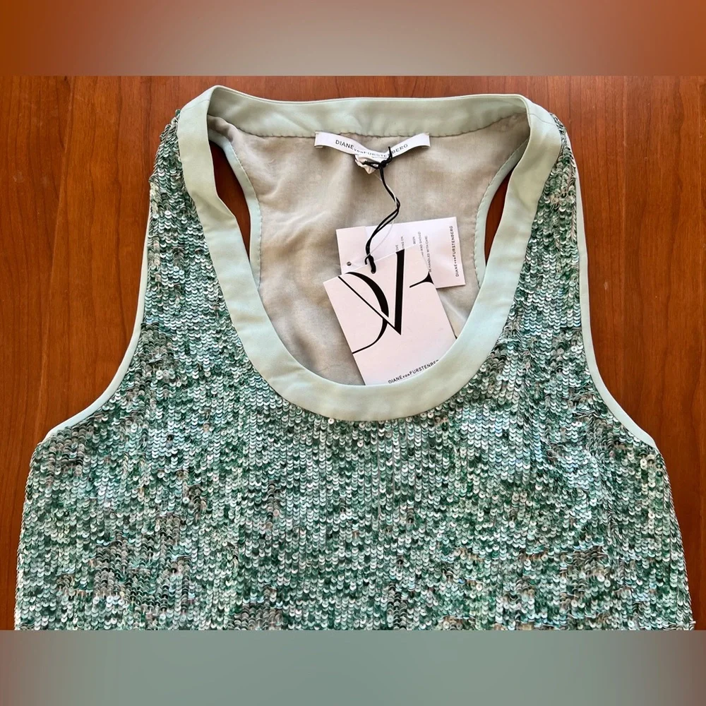 Diane Von Furstenberg Emilia Turquoise & Green Silk Marble Sequin Tank - Picture 11 of 16